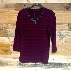 J. Crew size Small Red and Blue Striped Jeweled Crew Neckline Long Sleeve Blouse